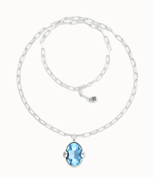 Long necklace with large blue oval faceted crystal